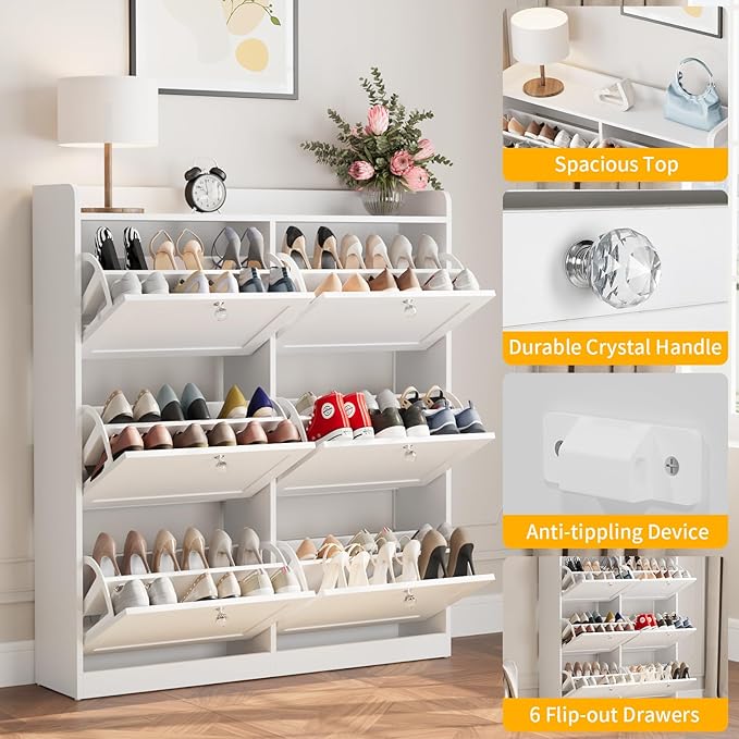 VOWNER Large Shoe Storage Cabinet with 6 Flip Drawers, Freestanding Shoe Organizer with Open Storage & Crystal Handle, Slim Narrow Shoe Rack Cabinet for Entryway, Foyer, Hallway, White