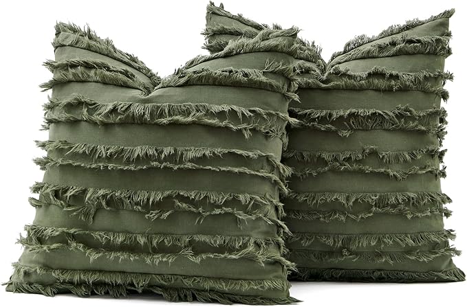 MIULEE Decorative Boho Throw Pillow Covers Set of 2 Dark Olive Green Linen Striped Jacquard Pattern Farmhouse Modern Cushion Covers for Sofa Couch Living Room Bedroom 20x20 Inch Home Decor