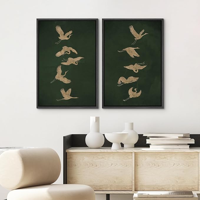 SIGNWIN Framed Canvas Print Wall Art Set Golden Cranes in Flight on Deep Green Illustrations Modern Art Rustic Colorful Ultra for Living Room, Bedroom, Office - 24"x36"x2 Black