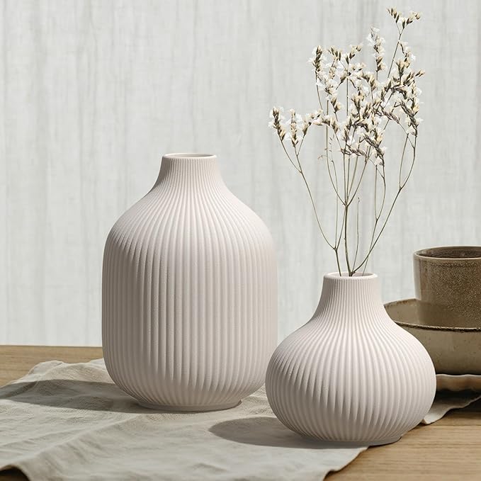 White Small Ceramic Vases Set of 3, Matte 3D Vertical Ribbed, Minimalist for Pampas & Fresh Flowers, Centerpiece for Living Room, Shelf, Entryway,Wedding,Office
