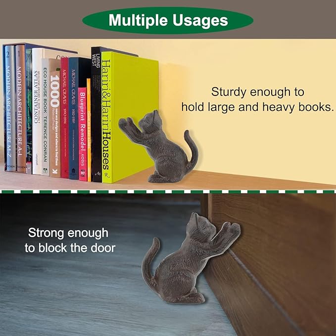 Cat Decorative Bookends, Unique Cast Iron Animal Shape Book Ends to Hold Books Heavy Duty, for Home Library Office Shelf Decoration, Vintage Antique Home Decor