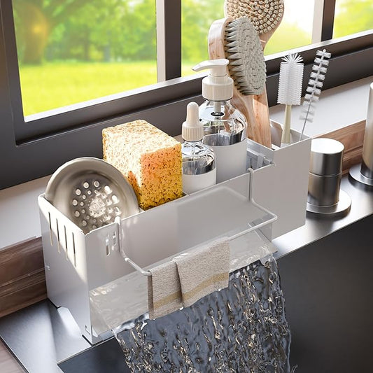 Kitchen Sink Caddy Organizer, Sponge Holder for Kitchen Sink with Upgraded Extra-Wide Drain Board, Efficient Drainage, Stainless Steel with Rust-Resistant Coating