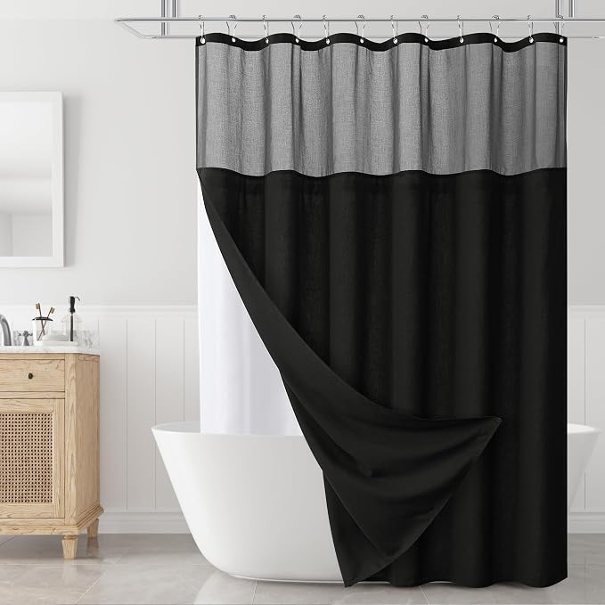 Naturoom Black Linen Shower Curtain with Snap in Liner Set and Hooks Rustic Style Modern Farmhouse Shower Curtain Heavy Duty Burlap Cloth Double Bath Curtains with Mesh Top Window, Washable, 72x72