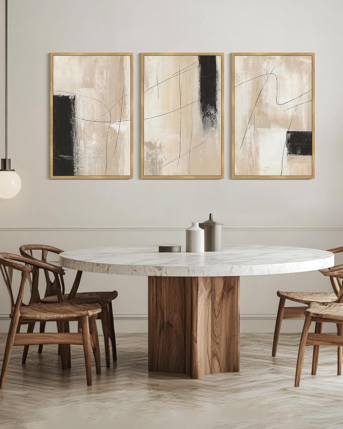 PHOPAGO Abstract Framed Wall Art Large 24x36in Neutral Beige Mid Century Textured Artwork Decor Modern Black Minimalist Line Illustrations Prints Home Decor - Natural Framed