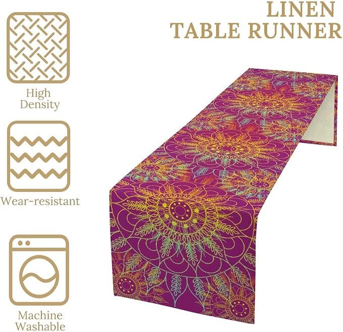 YCness Mandala Table Runner Abstract Colorful Modern Art Golden Purple Kitchen Dining Room Party Holiday Living Room Table Runner, 13x90 Inch
