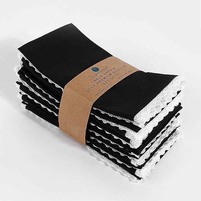 Fingercraft Dinner Cloth Napkin Cotton Linen Set of 12 Mitered Corners with Natural Elegant Lace for Everyday Use Napkins are Pre Shrunk and Good Absorbency with Lace 20x20 in Black Easter Color
