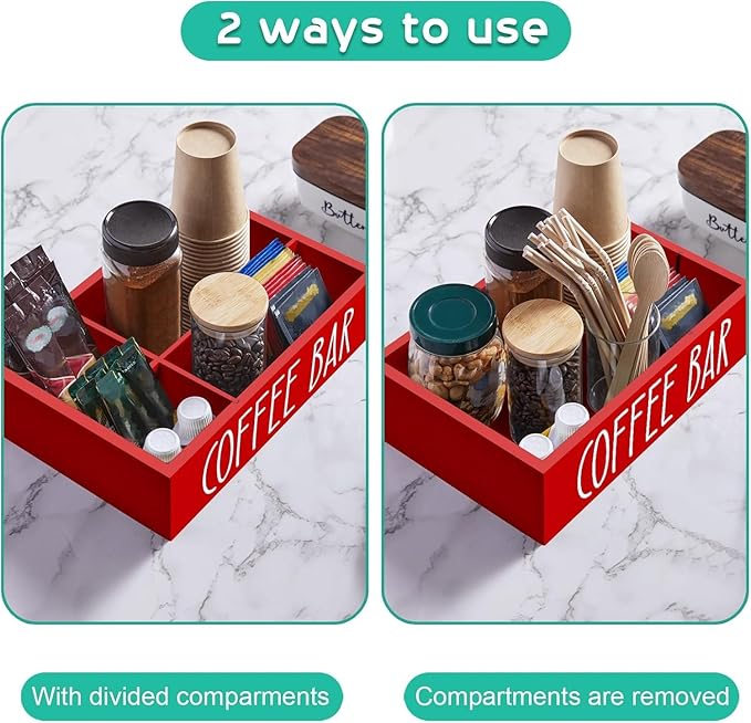 ALELION Red Coffee Station Organizer with Removable Dividers - Coffee Pod Holder Storage Basket for K Cup Sugar Tea - Red Coffee Bar Kitchen Decor Accessories Organizer for Countertop