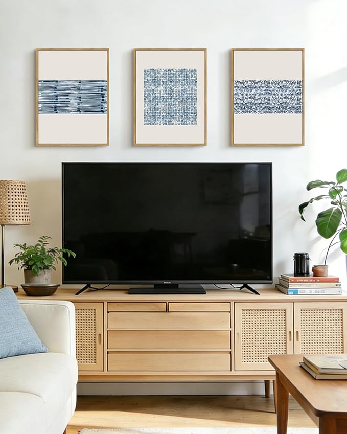 PHOPAGO Blue Abstract Framed Wall Art Modern Boho Neutral Line Wall Decor Bohemain Minimalist Geometric Artwork Home Decor - 11x14in Natural Framed
