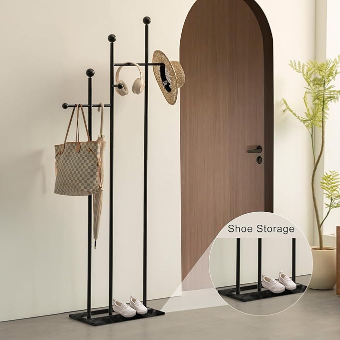 JIAYUEJU Metal Freestanding Coat Rack with Marble Base Heavy Duty Clothes Rack Coat Tree Stand Hat Rack for Corner Bedroom Entryway Living Room Hotel 19.69 x 11.02 x 68.9 Inches (Black)