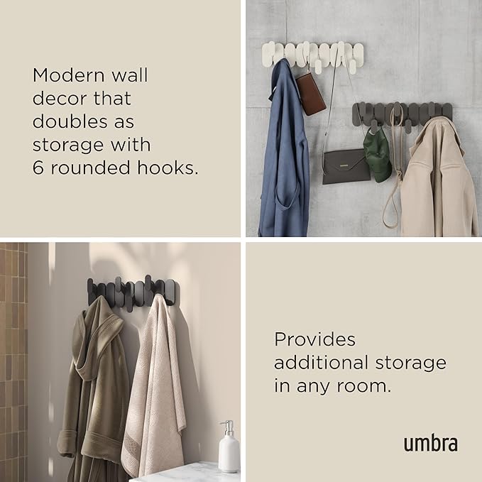 Umbra Tempo Wall Hook – Modern 6-Hook Coat & Towel Rack, Recycled ABS/Wood Fiber, Black, Easy Mount Entryway Organizer