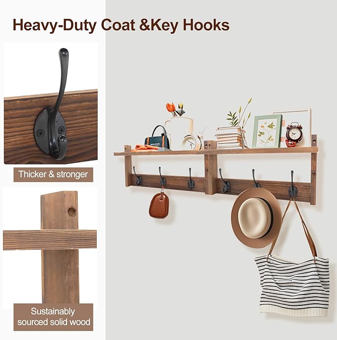 ArtBeek 30” Coat Rack Wall Mount Shelf with Hooks 2 Pack 15" Coat Rack with 6 Hangers for Living Room Bedroom Entryway Brown Backpack Hooks Bag Shelf