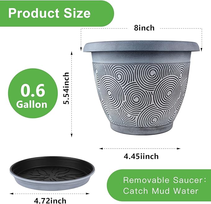 Fodetyff 8 Inch Flower Pots Planters for Indoor Outdoor Plants, 4 Pack Plastic Small Plant Pots with Drainage Hole & Tray, Modern Decorative Garden Pot with Saucer, Plant Container for House