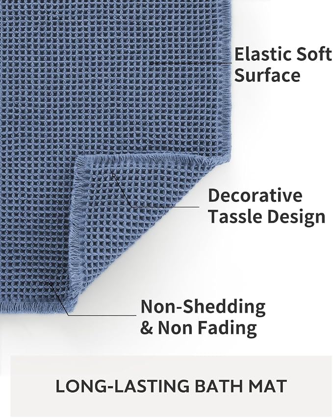 tchdio Waffle Bath Mat-Runner Rug, Super Absorbent Non Slip Bath Mats for Bathroom Machine Washable Long Rugs with Tassels, Bath Rugs for Bathroom Floor Beside Tub, 2' x 6'(24" x 72"), Blue