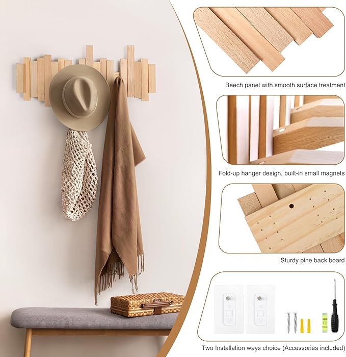 Ufine Wood Wall Mounted Coat Rack with 6 Flip-Down Hooks 16 Inch Wall Hooks for Hanging in Entryway, Bathroom, Home Office