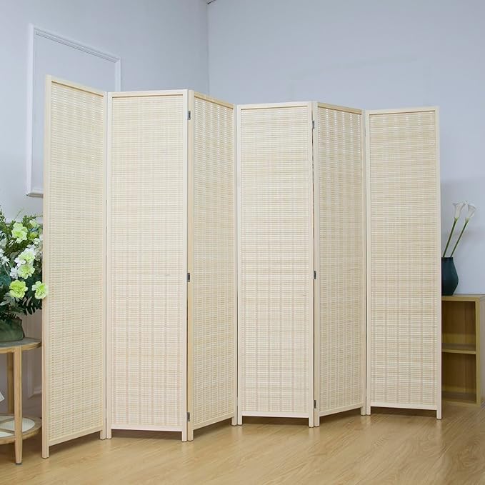 6 Panel Bamboo Room Divider Screen,5.6 FT Tall Bamboo Divider Folding Privacy Screen,Freestanding Panel Divider for Room Seperation,Beige