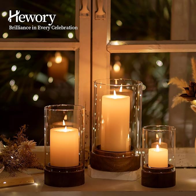 Hewory Hurricane Glass Candle Holder : Set of 3 Rustic Brown Candle Holders for Pillar Candles, Vintage Decorative Wood Stand with Clear Glass for Weddings,Christmas,Table Centerpiece,Home Decor