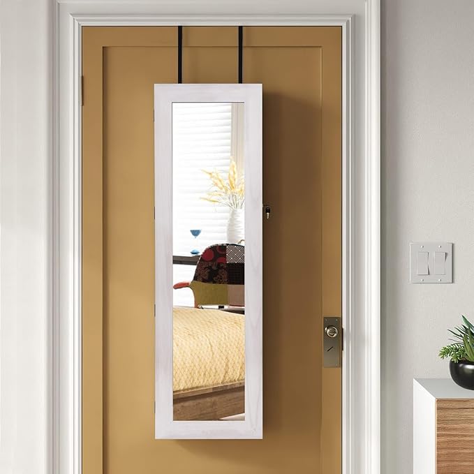 SRIWATANA Jewelry Armoire Cabinet, Solid Wood Jewelry Organizer with Full Length Mirror Wall/Door Mounted(Washed White)