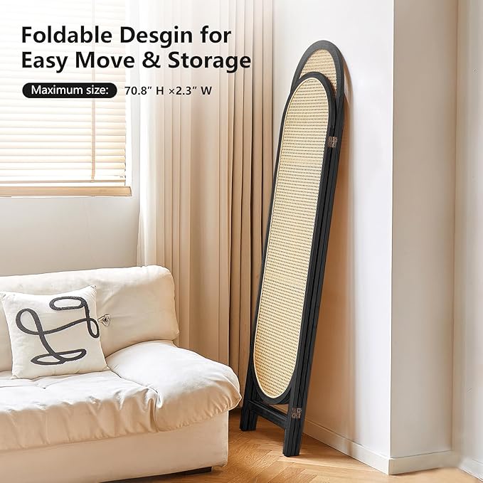 Room Divider 3 Panel, Hand-Woven Rattan Room Divider with Wooden Frame, Unique Design Foldable Privacy Screen, Portable Freestanding Partition Screen for Home Office, Bedroom, Black