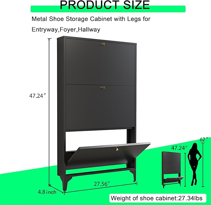 Shoe Storage Cabinet for Entryway with 3 Flip Drawers, Freestanding Shoe Organizer with Legs,Farmhouse Narrow Shoe Storage Cabinet for Entryway, Foyer,Living Room (3-Drawers, Black)