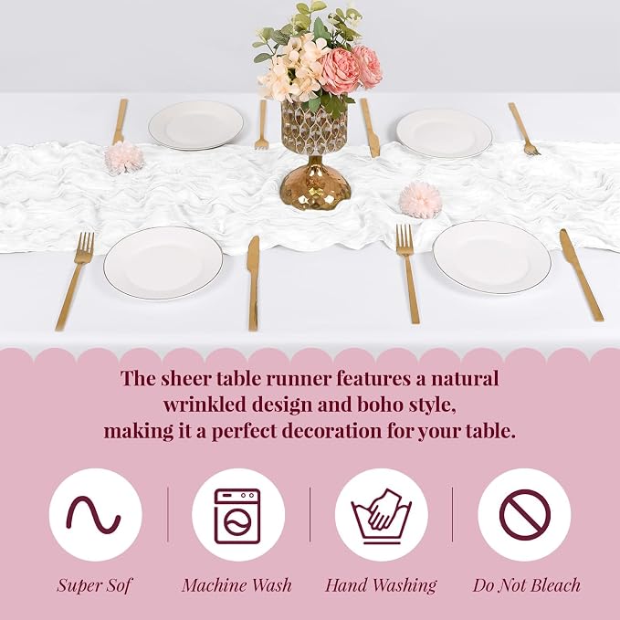 3 Pack White Cheesecloth Table Runner, 17 x 108 Inch, Gauze Cheese Cloth Table Runner Rustic Sheer Runner for Wedding Birthday Party Baby Shower Table Decor(White)