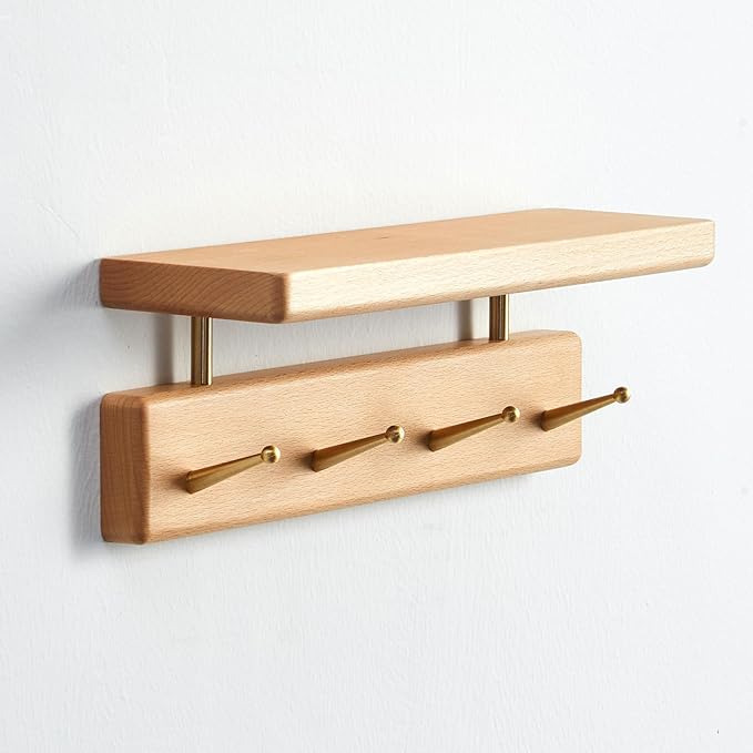 Solid Wood Shelf with Hooks, 12 inch Coat Rack Wall Mount, Shelves with 4 Brass Hooks for Hanging in Entryway, Living Room, Bathroom, Bedroom, Kitchen(Beechwood)