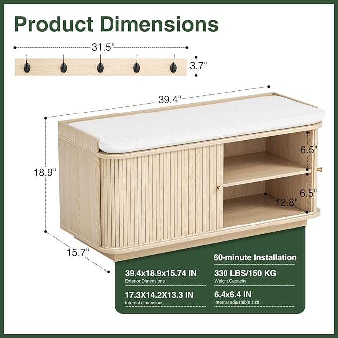 Hall Tree with Bench and Shoe Storage, Entryway Bench with Sliding Door Cabinet, Removable Padded, Metal Wall Hooks and Adjustable Storage Compartments, for Entry, Hallway, Living Room, Oak