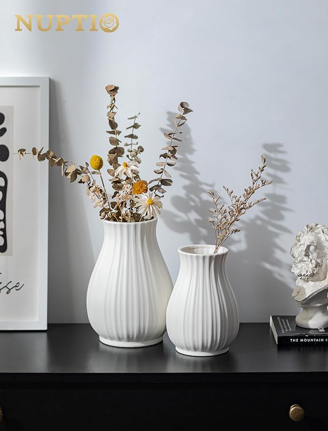 NUPTIO Ceramic Flower Vase for Bouquet: 8.07" Tall White Vases for Home Decor - Modern Decorative Table Centerpiece for Living Dining Room Kitchen Decor