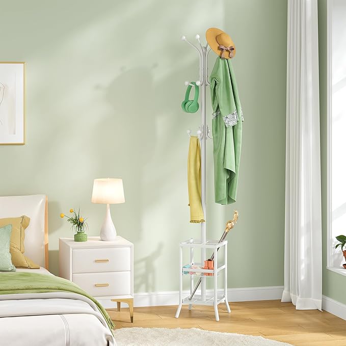 FAVOOSTY Coat Rack Freestanding,Coat Rack Stand with Umbrella Holder,Metal Coat Tree with 12 Hooks,Tree Clothes Hat for Entryway, Hallway, Bedroom, Living Room & Office -White