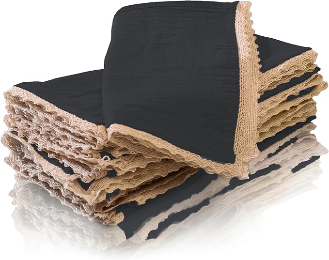 FINGERCRAFT Dinner Cloth Napkin Cotton Muslin Double Gauze 12 Pack with Classic Lace for Everyday Use, Wedding, Party, Christmas, Easter Napkins Cloth are Pre Shrunk and Good Absorbency Black