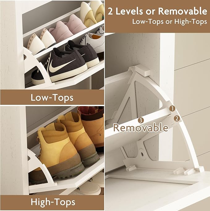 Shoe Organizer Cabinet Storage for Entryway - Slim Rattan Shoe Rack for Front Door Entrance, Narrow Hidden Shoe Cabinet with Flip Drawers, Boho Shoe Holder Cabinet，Two Doors, White
