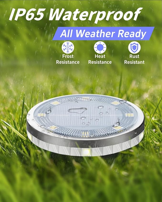 Solar Ground Lights Outdoor 2 Pack Waterproof, Upgraded Solar Garden Lights with 4 Side Light, Stainless Steel Solar Powered Disc Landscape Light for Walkway Pathway Lawn Yard Patio Deck-Cool White