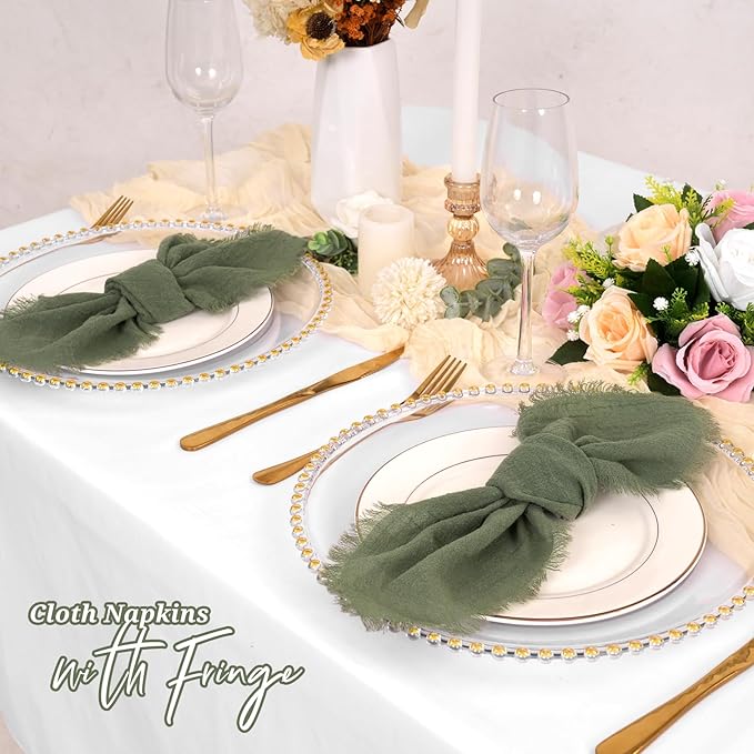 12 Pack Olive Green Cloth Napkins Cotton Linen Napkins with Fringe 16 x 16 Inch Soft Handmade Napkins Cloths Delicate Washable Rustic Dinner Napkin Cloths for Wedding Party Dinner Table Decor