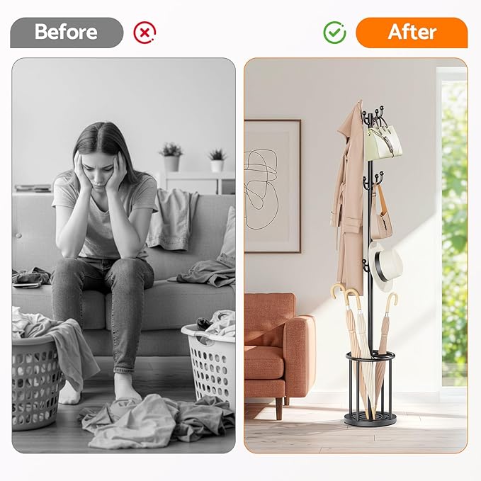 Coat Rack Freestanding, Hat Rack Hall Tree Coat Hanger Umbrella Stand for Entryway, Black Coat Rack with Umbrella Holder, Tree Stand Corner Hall Tree Rack for Hat, Umbrella, Purse, Bag, Clothes