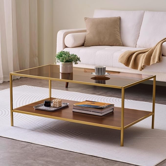 LumFurn Glass Coffee Table for Living Room and Bedroom, 2-Tier Mid-Century Modern Table with Amber Tempered Glass Top and Walnut Finish Wood Shelf, Metal Legs with Gold Finish