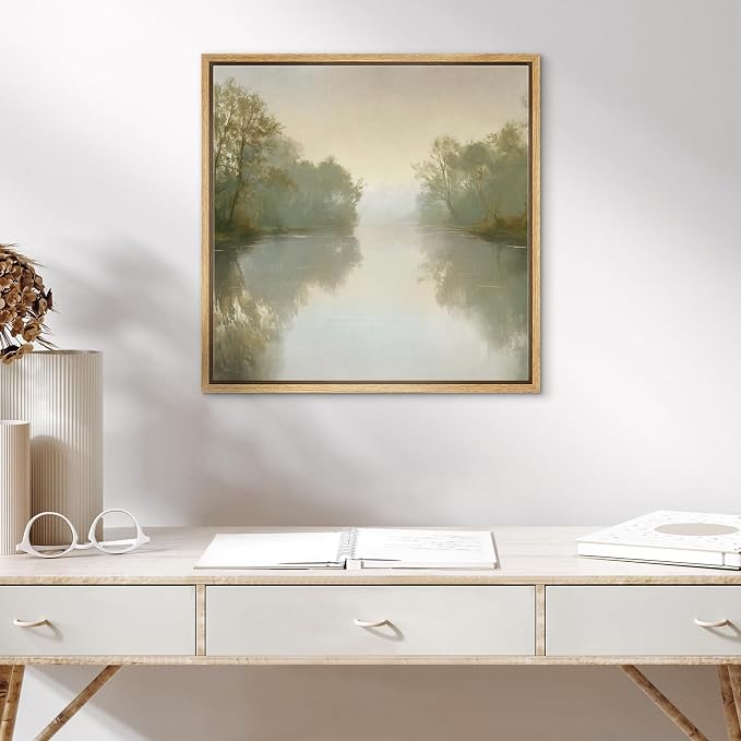 SIGNWIN Framed Canvas Print Wall Art Misty River Landscape Tranquil Nature Illustrations Fine Art Country Minimal for Living Room, Bedroom, Office - 24"x24" NATURAL