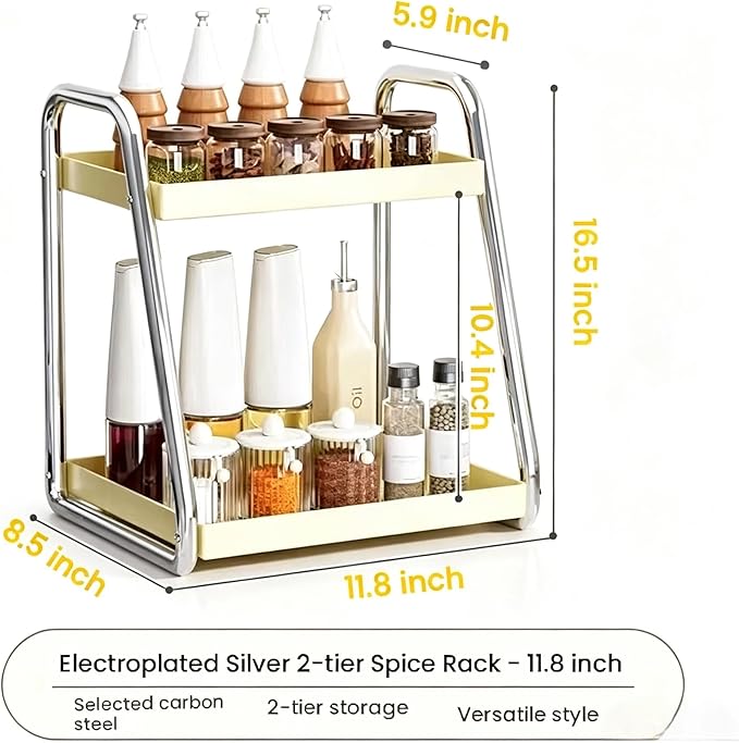 2 Tier Metal Coffee syrup rack Coffee Bar accessories coffee stand countertop Spice Rack Make-up Perfume Organizer for bathroom counter Pantry storage Kitchen tall bottle seasoning shelf Silver11.8”