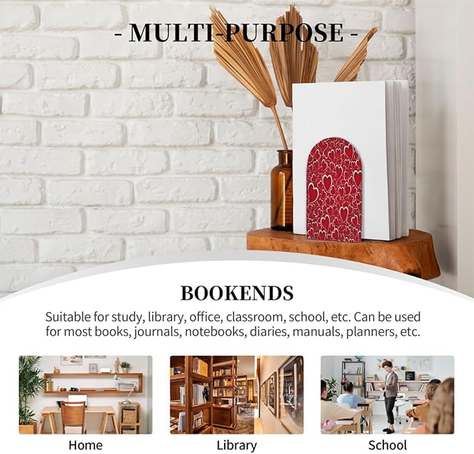 Funny Red Love Heart 2Pcs Book Ends for Shelves Non-Skid Wood Bookends Decorative Back to School Books Holders Book Stoppers Bookshelf Accessories for Desk Home Office School Decor (1 Pair)