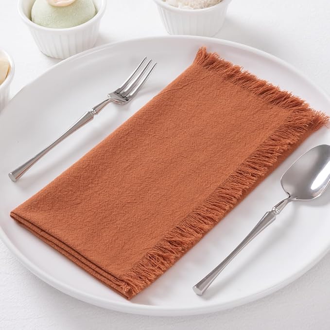 DeZerlor 6 Pack Terracotta Cotton Linen Napkins with Fringe Summer Cloth Napkins Set of 6 Boho Handmade Dinner Napkins Bulk for Wedding Bridal Baby Shower Parties, 17 x 17 Inches