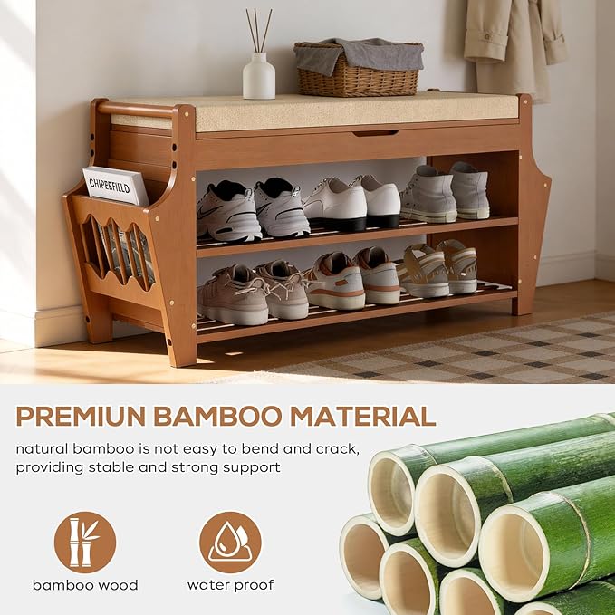 oakvivo 34.3in Shoe Bench, Bamboo 3-Tier Entryway Bench with Storage, Shoe Rack Organizer Holds Up to 330 lb, 34.3 x 11.8 x 18.9 Inches for Entryway Bedroom Closet Living Room Hallway