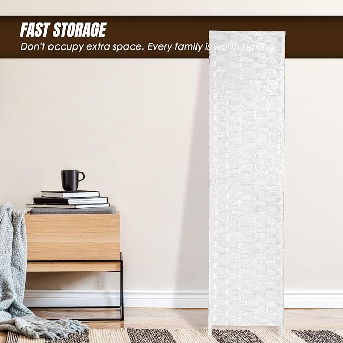 PayLessHere Room Divider 6FT Wood Mesh Hand-Woven Room Divider, 4-Panel Indoor Folding Portable Partition Screen,White