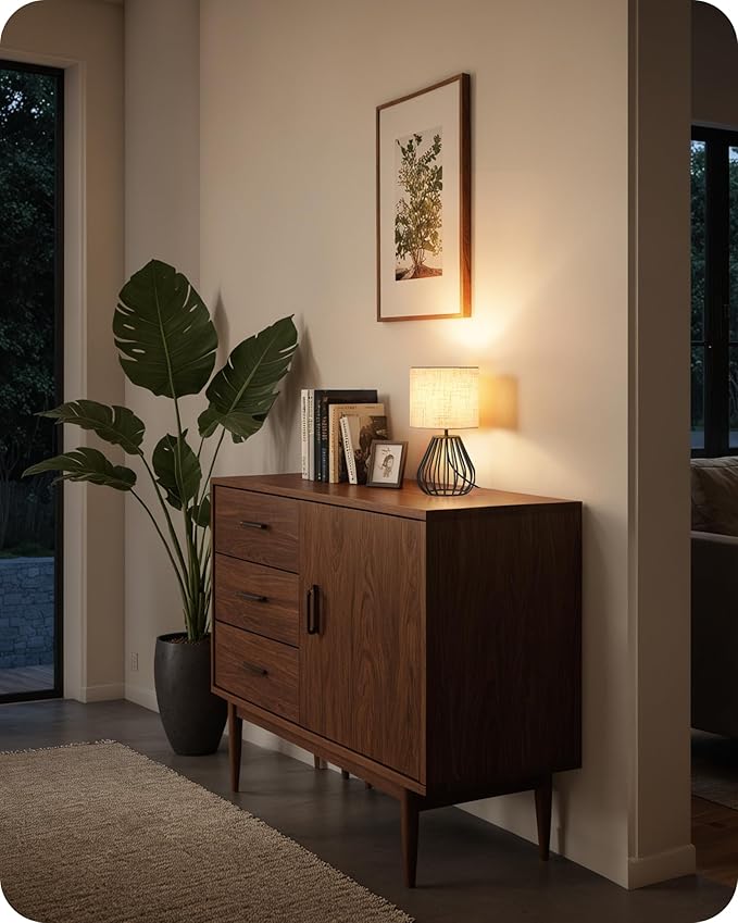 Small Bedside Table Lamp, Black Table Lamp with Metal Cage & Linen Lampshade, Modern Cute Desk Lamp, Cozy Nightstand Lamp for Bedroom, Living Room, Office, 2700K LED Bulb Included, E06TL05