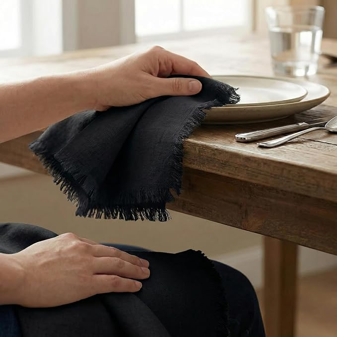 ACCENTHOME Black Cotton Linen Napkin Set of 12 18x18 inch Dinner Napkins - Washable Soft Premium Hotel Quality Reusable Hemmed Edges Napkins Perfect Table Linens for Family Dinners, Weddings