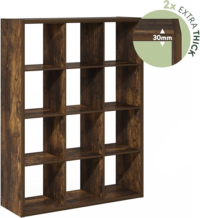 Furinno Cubicle Book Shelf, 12-Cube Bookshelf, Extra Thick Frame Reversible Bookcase with Open Back, 14.6" x 44" x 58", for Living Room, Bedroom, Home Office, Amber Pine