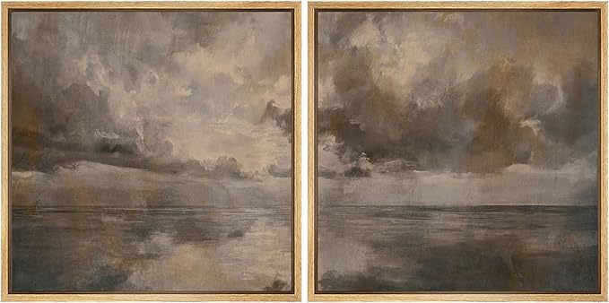 SIGNFORD Framed Canvas Print Wall Art Set Abstract Seascape Horizon Neutral Coastal Landscape Modern Art Relax/Calm for Living Room, Bedroom, Office - 16"x16"x2 NATURAL