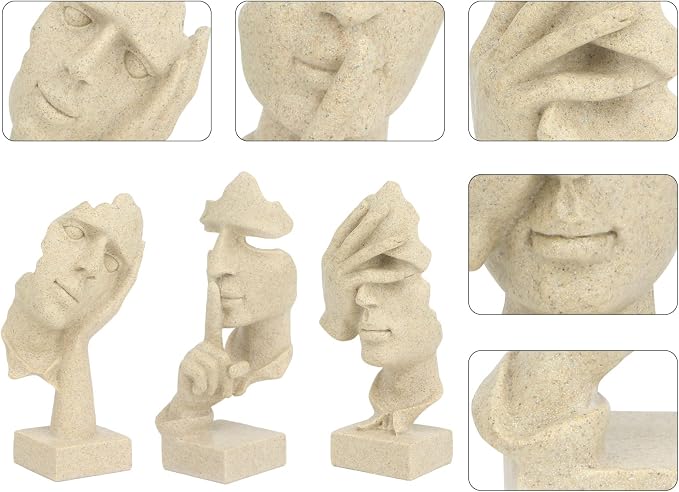 3 Pcs Thinker Statue, Silence is Gold Abstract Art Figurine, No Hear No See No Speak Modern Home Resin Sculptures Decorative Objects Decor for Home Office Bookshelf Desktop(Sandstone)