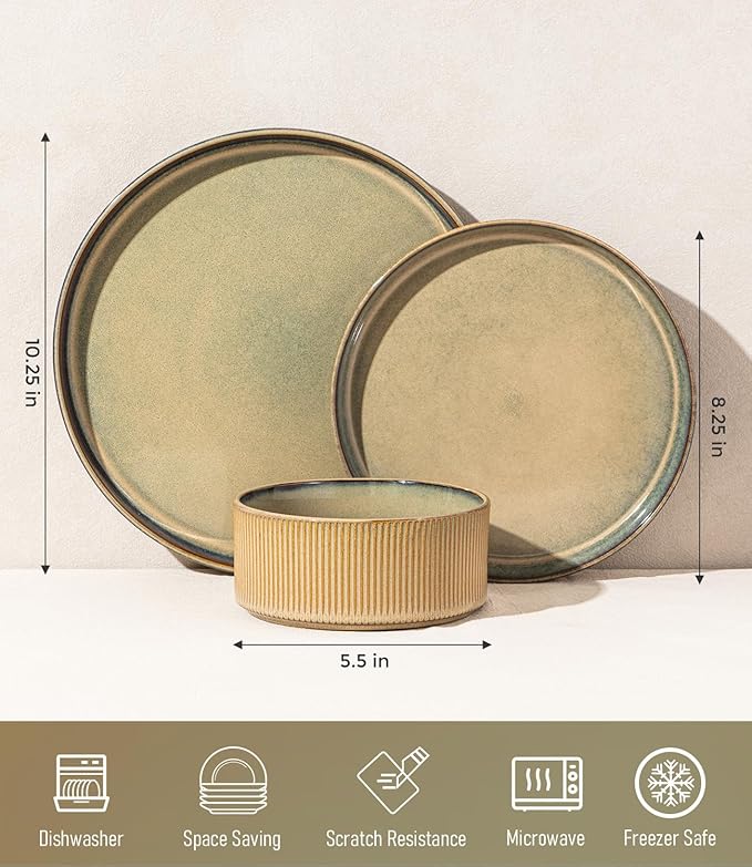 GBHOME Stoneware Dinnerware Sets for 4, 12 Pieces Ceramic Ribbed Plates and Bowls Set, Reactive Glaze Stackable Plate Sets, Scratch Resistant Dishes, Microwave & Dishwasher Safe, Pale Khaki