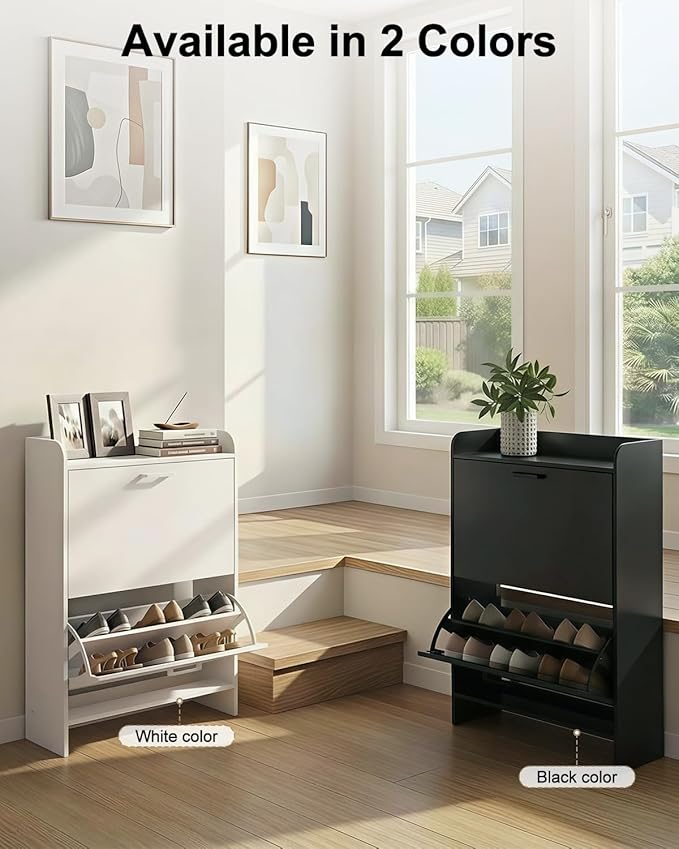 Shoe Cabinet Organizer with 2 Flip Drawers, Freestanding Narrow Rack with Adjustable & Removable Shelves, Slim Shoe Storage for Entryway, Foyer, Hallway, Black