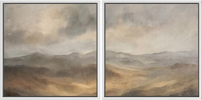SIGNFORD Framed Canvas Print Wall Art Set Neutral Toned Mountain Landscape Abstract Earthy Illustrations Modern Art Minimal Relax/Calm for Living Room, Bedroom, Office - 24"x24"x2 White