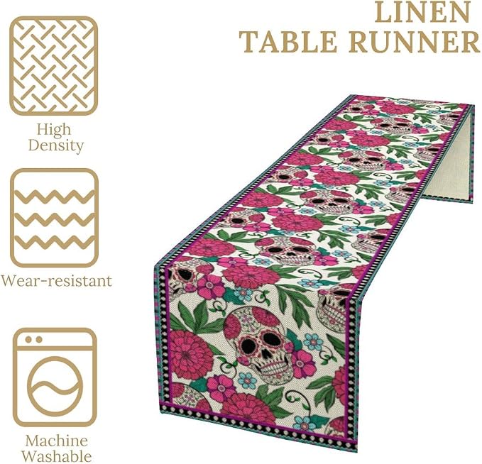 YCness Dia De Los Muertos Table Runner Red Floral Cinco De Mayo Rustic Linen Mexican Sugar Skull Day of The Dead Altar Decoration for Home Kitchen Dining Room, 13x70 Inch White