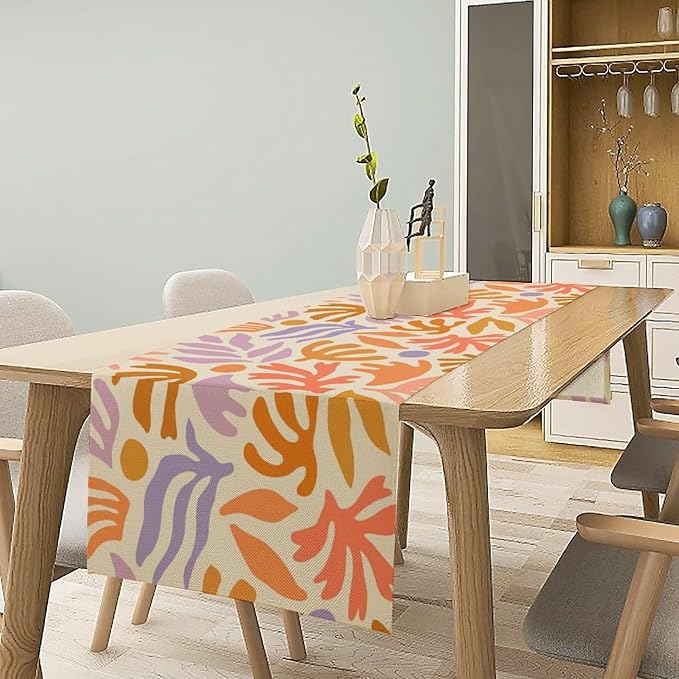 Retro Groovy Flower Table Runner Vintage Abstract Plant Leaf Hippie Seasonal Spring Farmhouse Country Dinner Runner for Home Kitchen Dining Table Party Holiday Decor 13"x90"